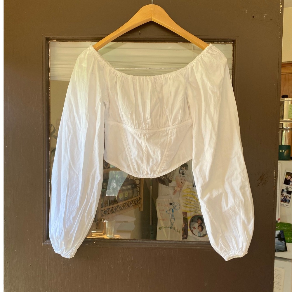 Japna Cotton Corset Puff Sleeve Crop Top XS White Romantic Cottage Milkmaid Boho - Picture 2 of 4